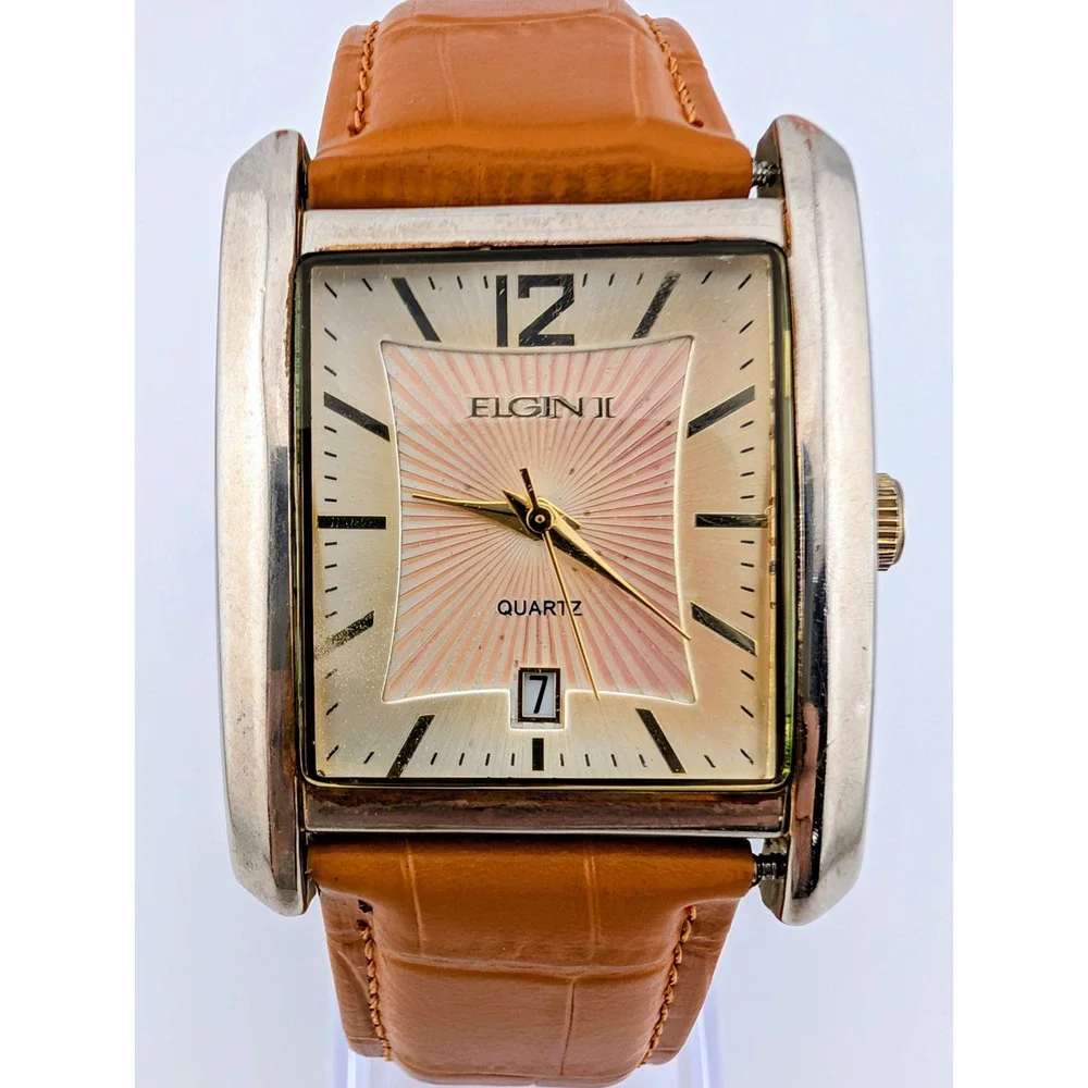 Elgin II EL2C1 Men's Rectangular Quartz Sunburst Dial Date Watch New Strap Y2K